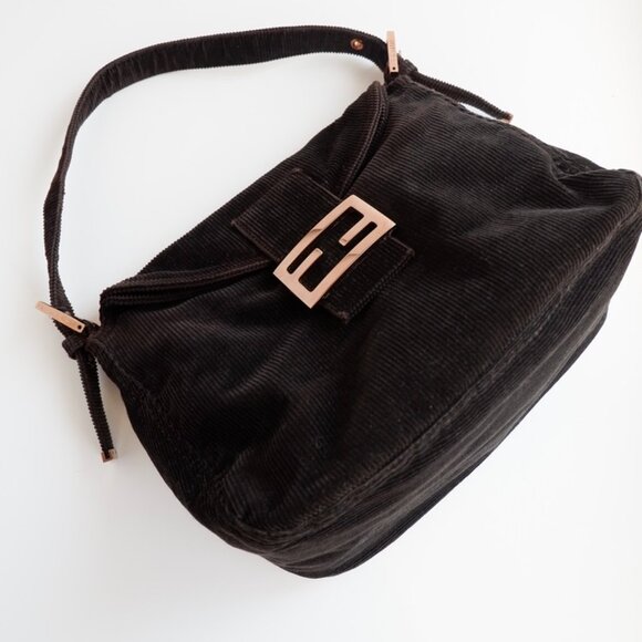 Authentic Preowned Fendi Black Corduroy Baguette Shoulder Bag - Picture 2 of 13